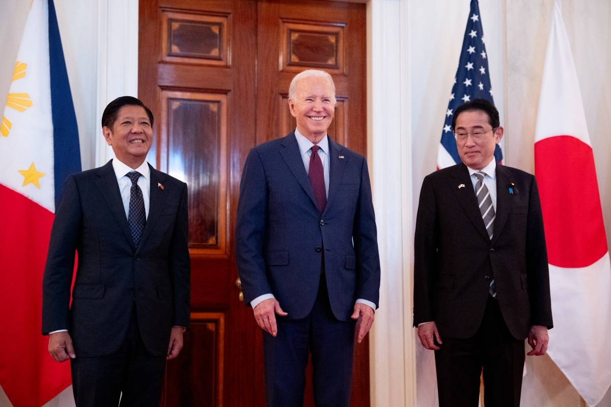 President Joe Biden holds a trilateral meeting with Japanese Prime Minister Fumio Kishida (R) and Filipino President Ferdinand Marcos (L) at the White House on April 11, 2024 in Washington, DC. Leaders from the three nations are meeting in a first-ever trilateral summit in a show of solidarity as China's assertiveness in the South China Sea has raised tensions in the region.   Andrew Harnik/Getty Images/AFP