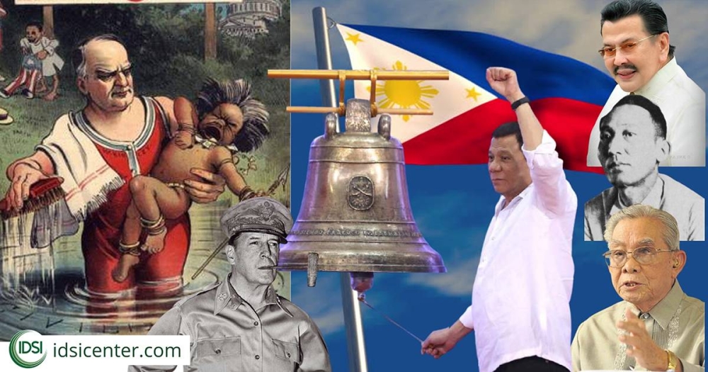 ‘The Filipinos First Bath’ (US President) McKinley: 'Oh, you dirty boy!' (Judge 06-10-1899). MacArthur, Duterte ringing Balangiga Bells (after 117 years),
Joseph Estrada, Apolinario Mabini and Jovito Salonga.