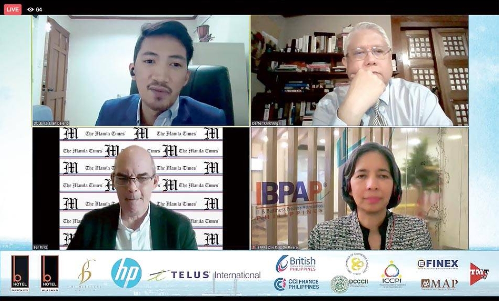 BPO TALKS (Clockwise from top left) Institute for Labor Studies senior officer Ellah Delerio, The Manila Times President and CEO Dante ‘Klink’ Ang 2nd, Labor Secretary Silvestre Bello 3rd, IT & Business Process Association of the Philippines lead for talent attraction and academe linkages Zoe Diaz de Rivera, and Times business columnist Ben Kritz during the Times forum Resiliency and adaptability at all times of the BPO industry — bedrock of PH employment, held online on Sept. 10, 2021. SCREENGRAB FROM FACEBOOK LIVE