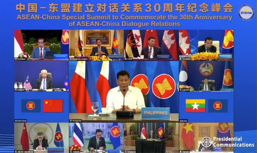 PRESIDENT Rodrigo Duterte, center, takes part in a virtual conference with the members of the Association of Southeast Asian Nations (ASEAN) for the ASEAN-China Special Summit to Commemorate the 30th Anniversary of Dialogue Relations . Screengrab from RTVM FB live