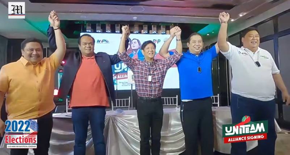 'UNITEAM' FOR BONGBONG The Partido Federal ng Pilipinas, Lakas-Christian Muslim Democrats, Hugpong ng Pagbabgo and Pwersa ng Masang Pilipino unite in support of presidential aspirant Ferdinand 'Bongbong' Marcos on Thursday, Nov. 25, 2021. Screengrab from HUGPONG NG PAGBABAGO FB Live