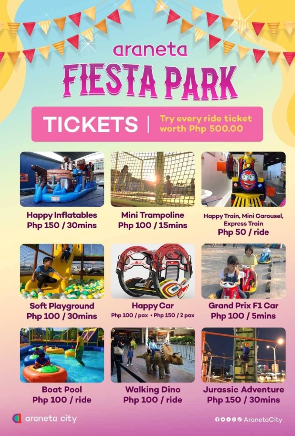 Araneta Fiesta Park for young adventurers, they can ride the cool kiddie F1 Cars or the prehistoric dinosaurs in Jurassic Adventures. For some laid-back fun, kiddos can try the Boat Pool ride. There’s also the mini trampoline, soft playground, and happy inflatables for a fun and bouncy playtime. CONTRIBUTED PHOTO