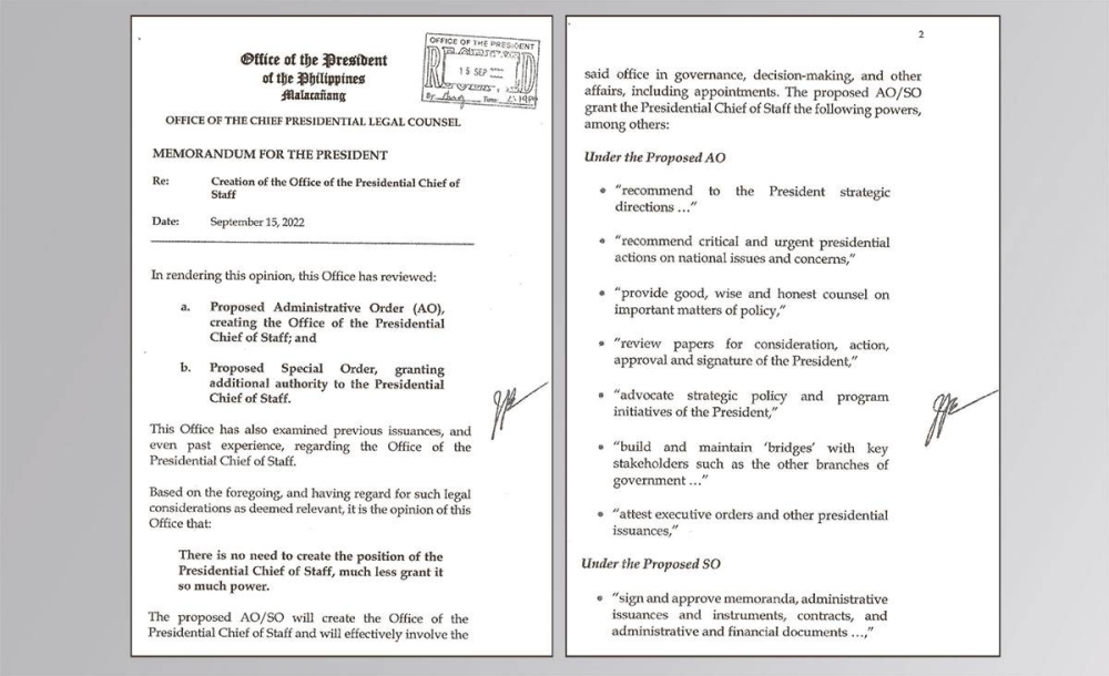 The memorandum signed by Chief Presidential Legal Counsel Juan Ponce Enrile. 