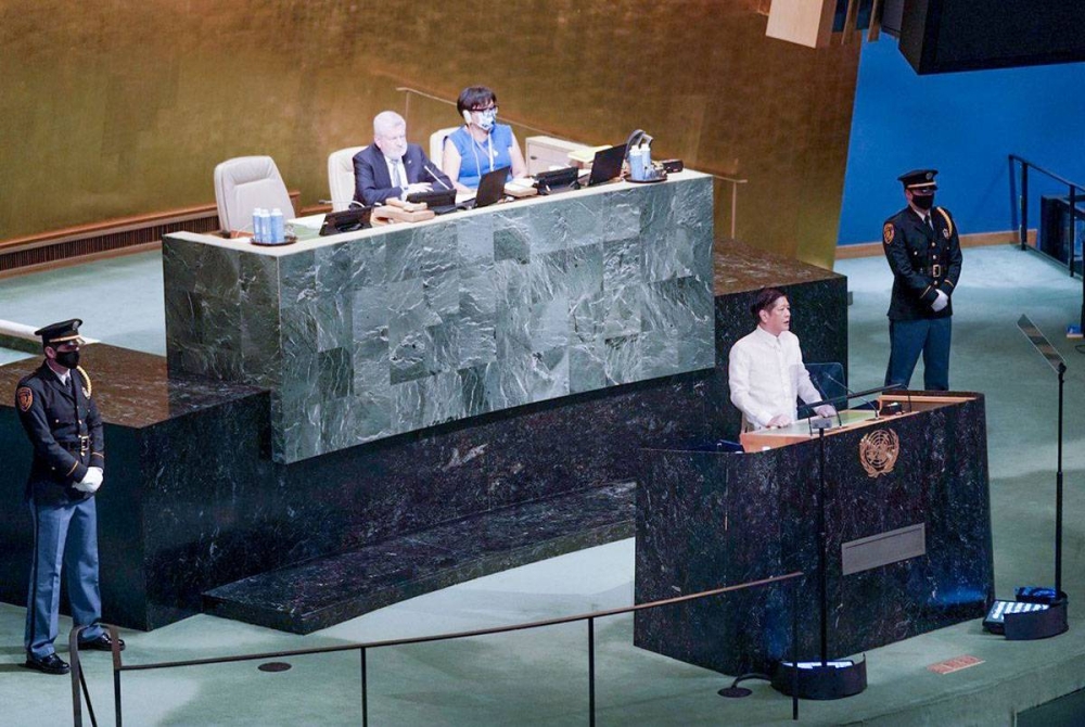 ON THE WORLD STAGE President Ferdinand Marcos Jr. speaks before the United Nations General Assembly on Tuesday afternoon, Sept. 20, 2022 (September 21 in Manila). Marcos, son and namesake of the late president Ferdinand Sr., addressed Philippine and global socio-political and economic concerns such as the need for an international order to settle disputes, climate change, food security and racism. MALACAÑANG PHOTO