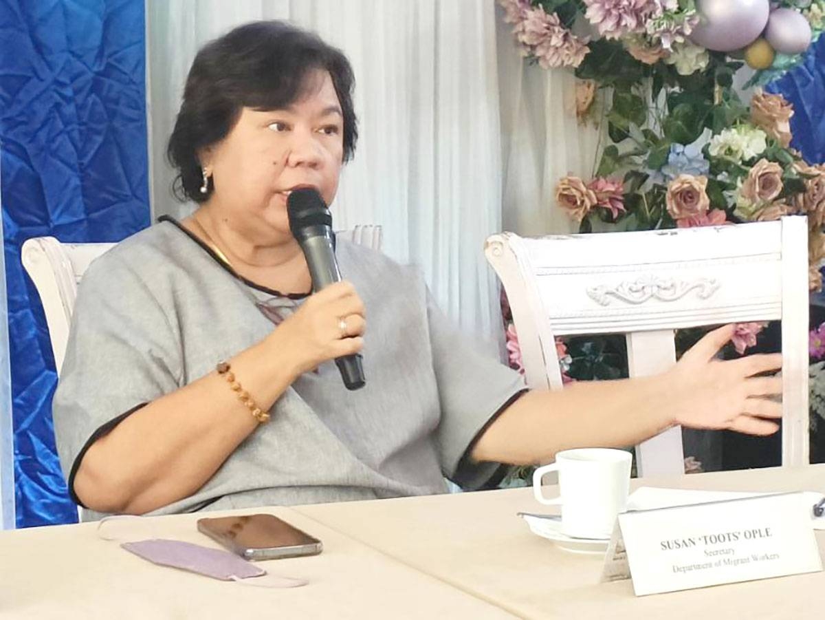 ‘ONE’ WORKSHOP Migrant Workers Secretary Susan ‘Toots’ Ople announces on Saturday, Dec. 3, 2022, that the department for overseas Filipino workers (OFWs) will convene its first strategic planning workshop, titled ‘We A.C.T. As One,’ with all labor attaches in Tagaytay City from December 12 to December 15. PHOTO BY BENEDICT ABAYGAR JR.