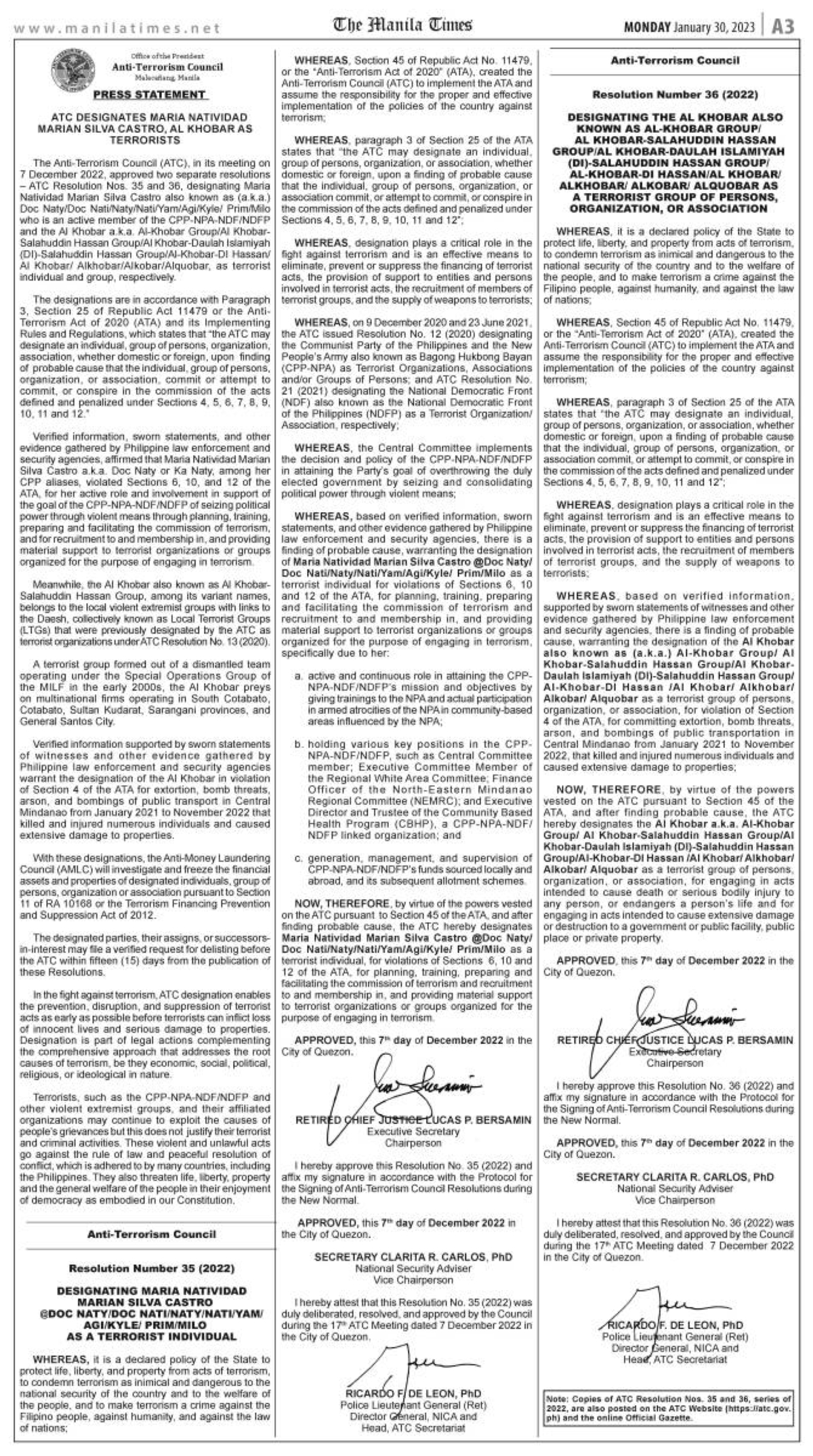 ATC resolution 35 and 36 (2022) | The Manila Times