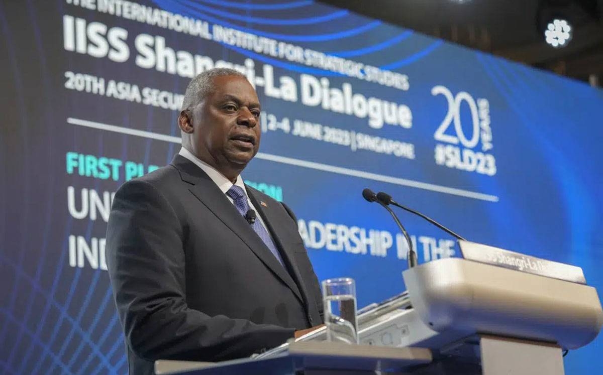 WASHINGTON’S WARNING US Secretary of Defense Lloyd Austin 3rd speaks at the 20th International Institute for Strategic Studies Shangri-La Dialogue, Asia’s annual defense and security forum in Singapore, on Saturday, June 3, 2023. AP PHOTO