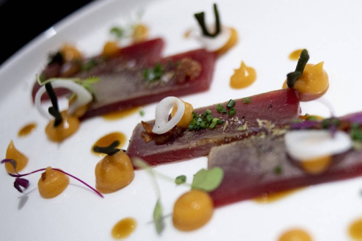 A tuna dish by Julio Vazquez, a Spanish chef specializing in bluefin tuna, is pictured at his El Campero restaurant in Barbate, southern Spain on May 17, 2023. AFP PHOTO