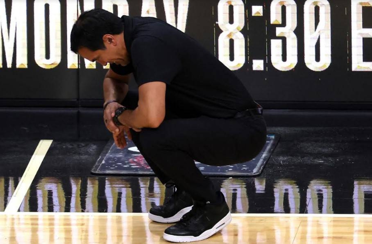 Head coach Erik Spoelstra of the Miami Heat reacts during the second quarter against the Denver Nuggets in Game Four of the 2023 NBA Finals at Kaseya Center on June 9, 2023 in Miami, Florida. AFP PHOTO