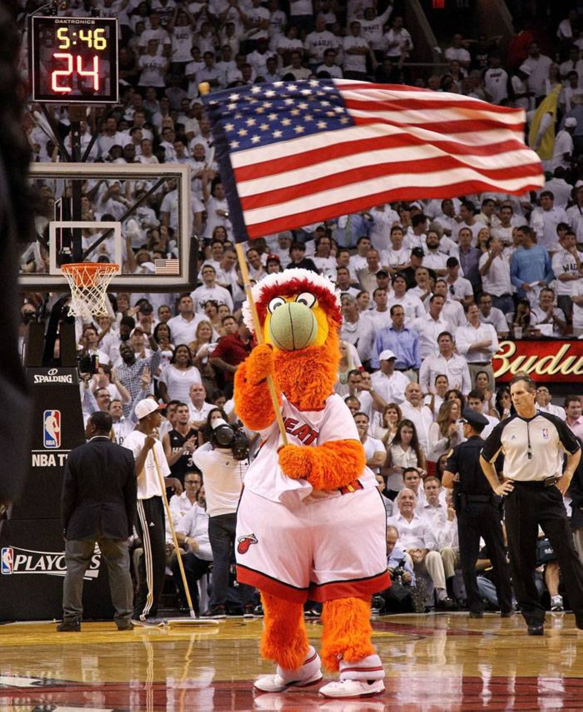 Miami Heat mascot Burnie waves the American Flag during Game Two of the Eastern Conference Semifinals of the 2011 NBA Playoffs against the Boston Celtics at American Airlines Arena in Miami, Florida, on May 3, 2011. AFP FILE PHOTO