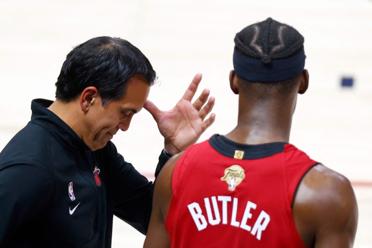 MAYBE NEXT YEAR Head coach Erik Spoelstra of the Miami Heat reacts with Jimmy Butler during the fourth quarter against the Denver Nuggets in Game 5 of the 2023 NBA Finals at Ball Arena on Monday, June 12, 2023, in Denver, Colorado. PHOTO BY JUSTIN EDMONDS/AFP