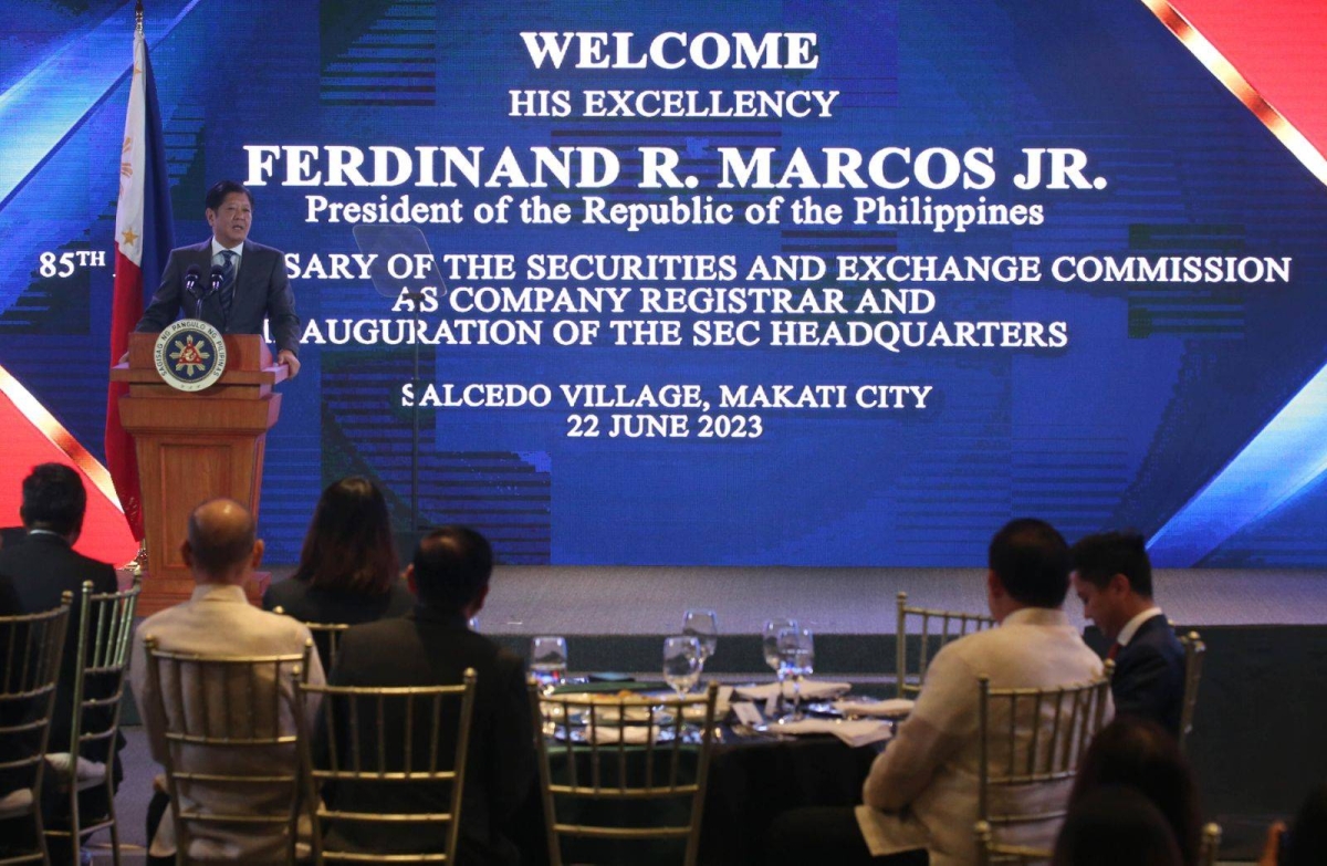 President Ferdinand R. Marcos Jr. leads the  85th Anniversary Security Exchange Commission and inauguration of its new headquarters in Makati City on Thursday, June 22, 2023. With SEC Chairman Atty. Emilio B. Aquino.With them are Ferdinand Alexander Araneta Marcos III,House Speaker Ferdinand Martin Romualdez, who is the representative of the First District of Leyte in Congress and Finance Secretary Benjamin Diokno. PHOTO BY RENE H. DILAN