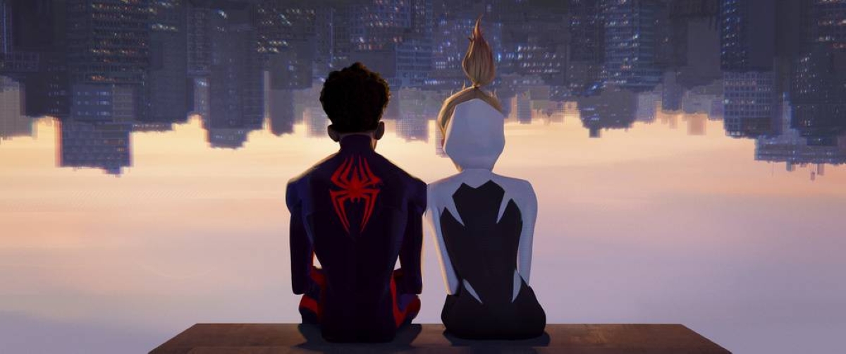 Miles Morales as Spider-Man (left, voiced by Shameik Moore) and Gwen Stacy as Spider-Gwen (voiced by Hailee Steinfeld) in a scene from ‘Spider-Man: Across the Spider-Verse.’ SONY PICTURES ANIMATION IMAGE VIA AP