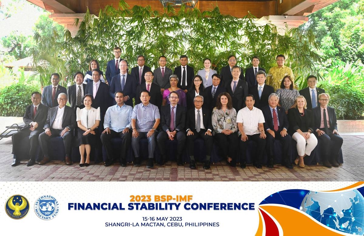 The Bangko Sentral ng Pilipinas (BSP) and the International Monetary Fund (IMF) garnered another milestone after the successful regional dialogue on Financial Stability in Mactan, Cebu, on May 15-16, 2023. In the photo are participants of the conference from the BSP led by BSP Governor Felipe Medalla (1st row, 7th from left), Monetary Board Member (MBM) Peter Favila (1st row, 5th from left), MBM Antonio Abacan Jr (1st row, 4th from right), MBM Bruce Tolentino (1st row, 3rd from left), MBM Anita Linda Aquino (1st row, 3rd from left), MBM Eli Remolona Jr. (1st row, 2nd from left), Deputy Governor (DG) Chuchi Fonacier (3rd right, leftmost), DG Francisco Dakila Jr. (3rd row, 3rd from right); Senior Assistant Governor (SAG) Maria Ramona Gertrudes Santiago (2rd row, 7th from left), SAG Dr. Johnny Noe Ravalo (1st row, leftmost), SAG Edna Villa (2nd row, 2nd from right); Managing Director Antonio Joselito Lambino II (2nd row, rightmost); the IMF led by Deputy Director Dr. Thomas Helbling (1st row, 6th from left); the Financial Stability Board (FSB) led by FSB Chairman and De Nederlandsche Bank President Klaas Knot (2nd row, 4th from left), Asean central banks, public and private sectors, media, and multilateral organizations including the Bank for International Settlements, Asian Development Bank, Asean+3 Macroeconomic Research Office, and Southeast Asian Central Banks Research and Training Center. PHOTO FROM BANGKO SENTRAL NG PILIPINAS
