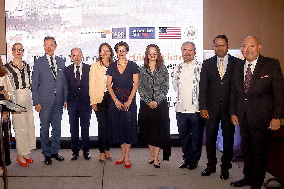 Friends Ambassadors Anke Reiffenstuel of Germany, Johann Brieger of Austria, Miguel Utray Delgado of Spain, Marielle Geraedts of The Netherlands, Laure Beaufils of Great Britain, Hae Kyong Yu of Australia, Luc Veron of the Delegation of the European Union, Shambhu Kumaran of India, and Prof. Victor Andes ‘Dindo’ Manhit, president of Stratbase ADR Institute, gather on Wednesday, July 12, 2023, to mark the seventh anniversary of the country’s arbitral victory. Photo by J. Gerard Seguia