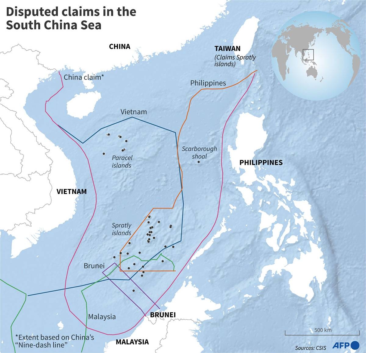 Map showing the extent of disputed claims in the South China Sea.