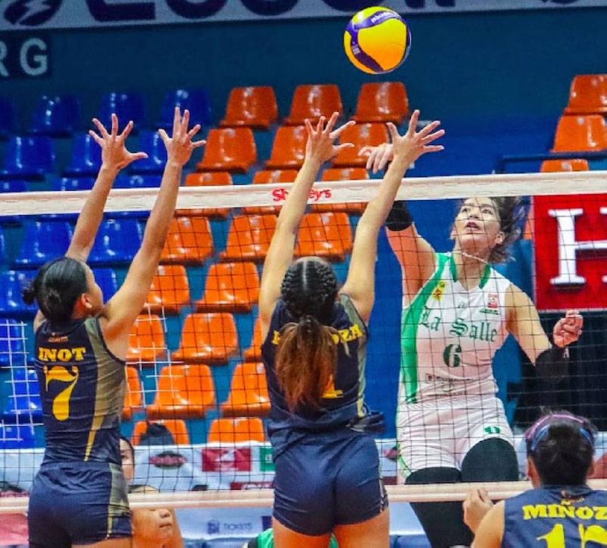 La Salle’s Alleiah Malaluan attacks against two University of Southern Philippines Foundation blockers during the 2023 Shakey’s Super League National Invitationals on Tuesday, Aug. 1, 2023, at the Filoil EcoOil Centre. SSL PHOTO