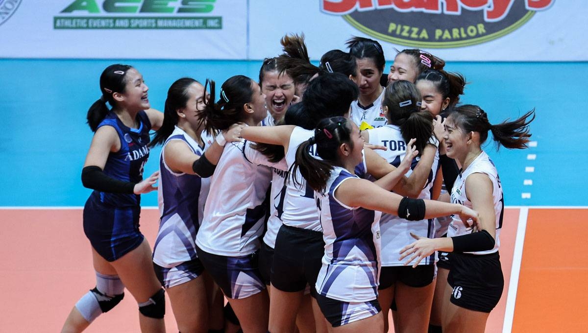TOUGH WIN Adamson Lady Falcons celebrate after beating the La Salle Lady Spikers Wednesday night, Aug. 9, 2023, at the FilOil EcoOil Centre. PHOTO BY RIO DELUVIO