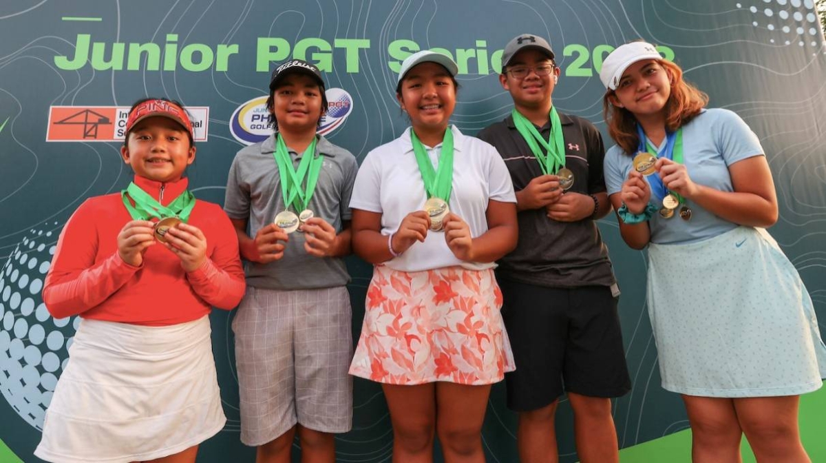 Siblings Vito and Mona Sarines, (second and third from left, respectively) hold their medals as they pose with fellow age-group winners (from left) Makayla Verano, Roman Ungco and Maria Angelica Bañez. CONTRIBUTED PHOTO