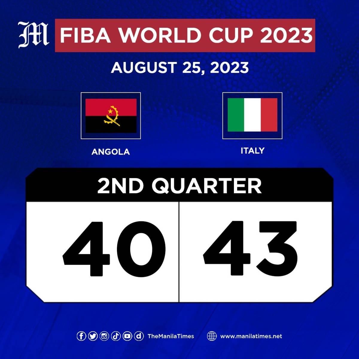 End of 2nd period: Italy 43 - 40 Angola #FIBAWorldCup2023
