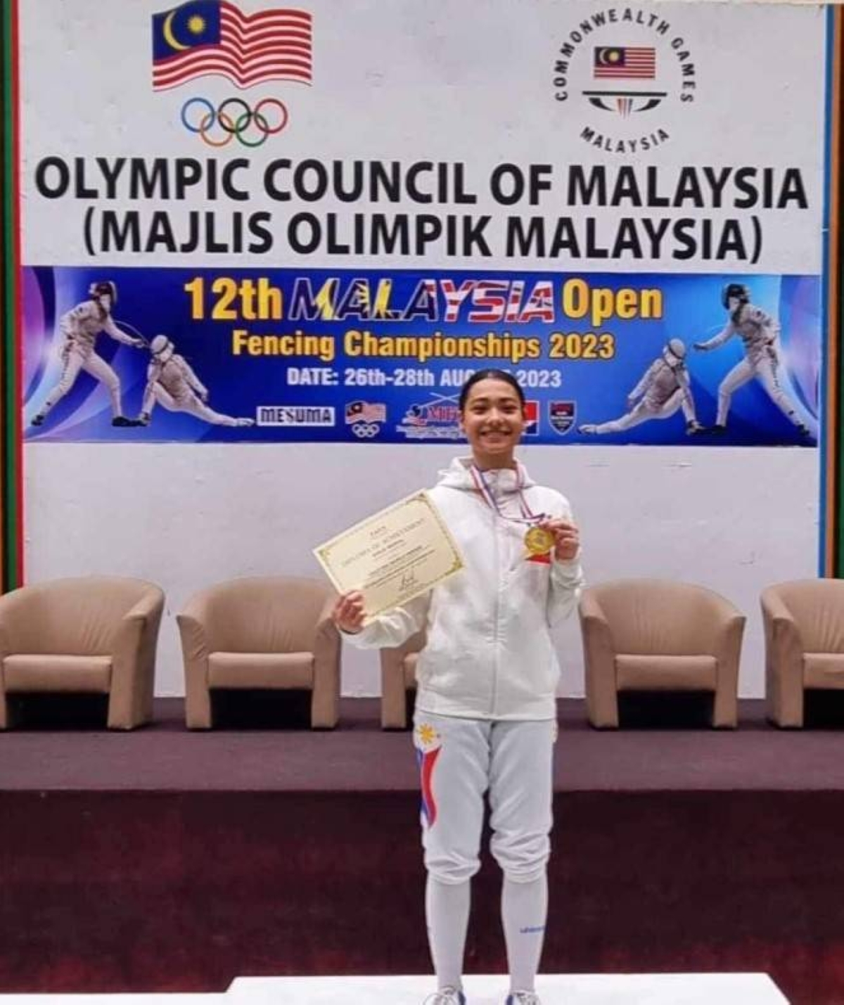 CHAMP Filipino-Australian Ashley-Mae Harrison stands on the podium as she recently captured the Malaysian Open Fencing Championships 2023 Women’s Epee title in Kuala Lumpur, Malaysia. CONTRIBUTED PHOTO