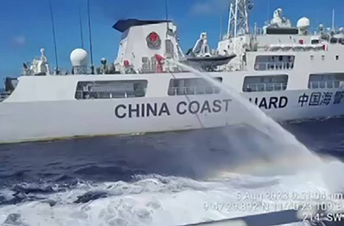 Screengrab from Video released by the Philippine Coast Guard shows one of its vessels being fired on by a Chinese water cannon in the disputed South China Sea on August 5. AFP Photo