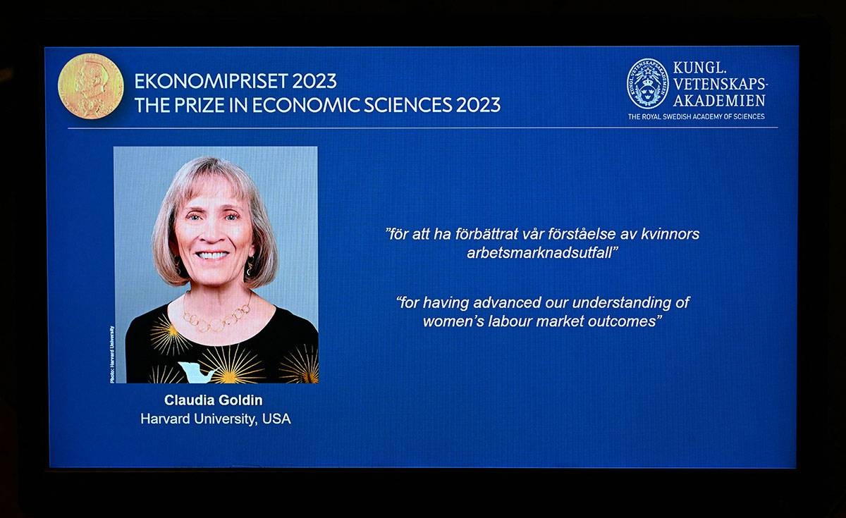 The winner of the 2023 Prize in Economic Sciences in Memory of Alfred Nobel American economist Claudia Goldin is seen on a display during a press conference at the Royal Swedish Academy of Sciences in Stockholm, Sweden, on October 9, 2023. The Nobel Economics Prize was awarded to American economist Claudia Goldin for helping understand women's opportunities in the labour market. Jonathan NACKSTRAND / AFP