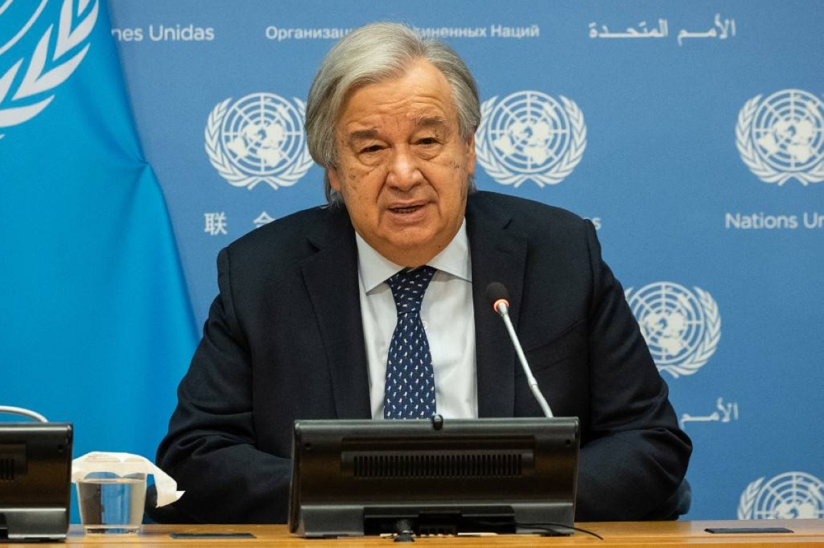 United Nations Secretary-General Antonio Guterres delivers remarks during a Security Council open debate on the maintenance of international peace and security at the UN headquarters in New York City on Nov. 20, 2023. AFP PHOTO