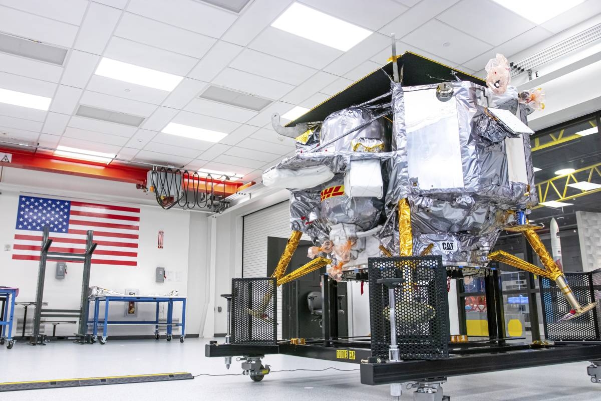 This photo provided by Astrobotic Technology shows the Peregrine lunar lander at the company's facility in Pittsburgh in October 2023. PHOTO BY JORDAN K. REYNOLDS/ ASTROBOTIC TECHNOLOGY VIA AP 