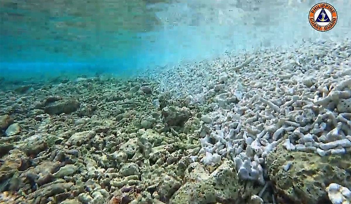 Screengrab from Philippine Coast Guard Video shows damage to marine environment and coral reef. Philippine Coast Guard