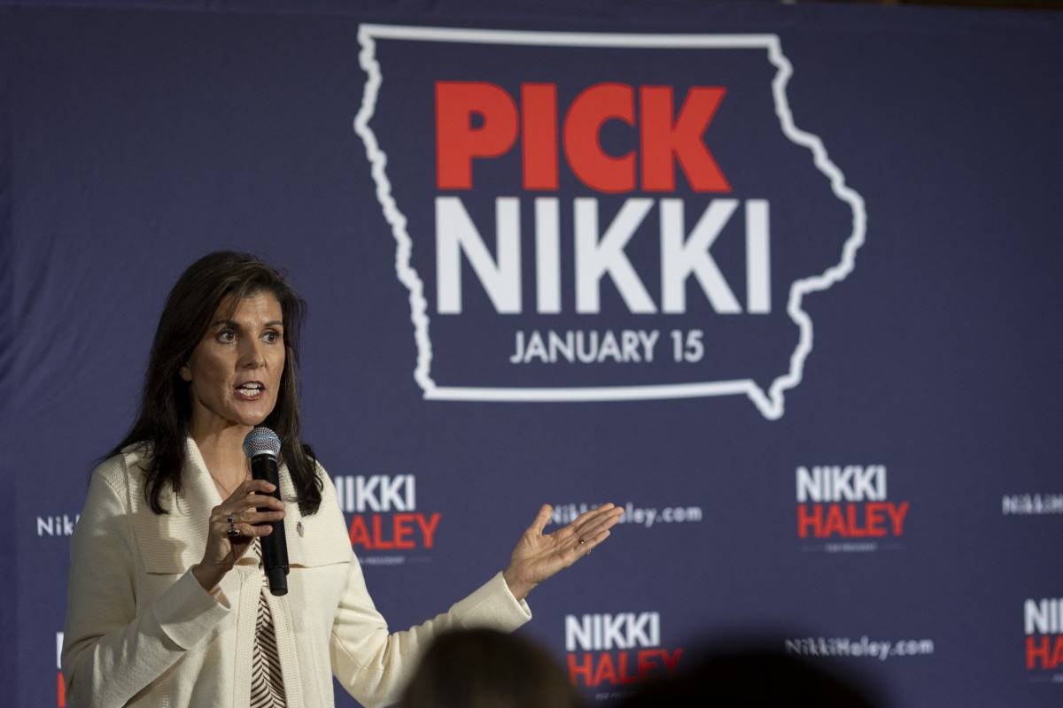 Former UN ambassador and 2024 Presidential hopeful Nikki Haley speaks to Iowa residents during a visit in Spirit Lake, Iowa, on December 9, 2023, ahead of the Iowa caucus. (Photo by Christian MONTERROSA / AFP)