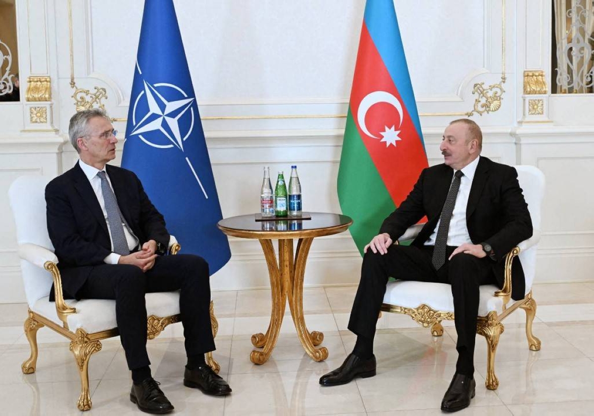 QUICK CHAT Azerbaijan’s President Ilham Aliyev (left) talks with North Atlantic Treaty Organization Secretary-General Jens Stoltenberg in the capital Baku on Sunday, March 17, 2024. AZERBAIJANI PRESIDENCY PHOTO VIA AFP