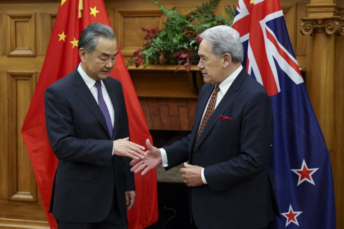 HAND OVER Foreign Ministers Wang Yi (left) of China and Winston Peters of New Zealand are about to shake hands during a bilateral meeting at New Zealand’s parliament in the capital Wellington on Monday, March 18, 2024. AFP PHOTO