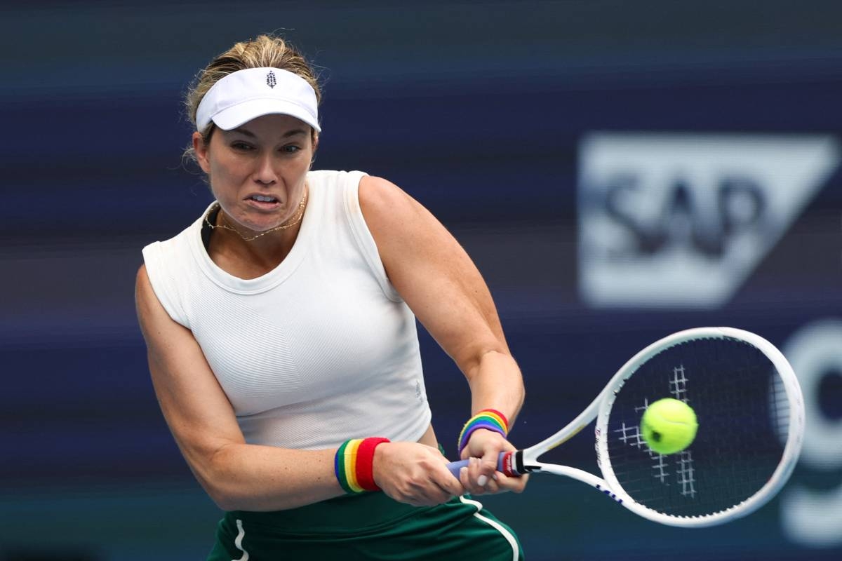 Danielle Collins of the United States returns a shot to Caroline Garcia of France during her women’s singles match during the Miami Open at Hard Rock Stadium on Wednesday, March 27, 2024, in Miami Gardens, Florida. AFP PHOTO