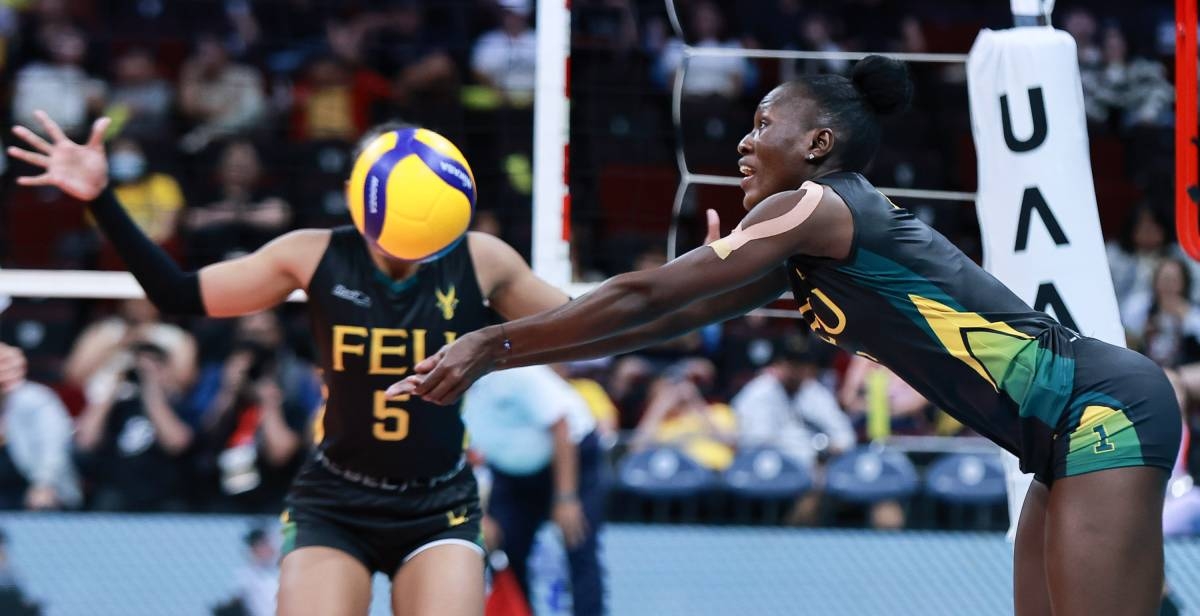 Faida Bakanke of FEU keeps the ball alive during the UAAP Season 86 women’s volleyball round one match against Adamson at the Mall of Asia Arena in Pasay City on March 9, 2024. PHOTO BY RIO DELUVIO