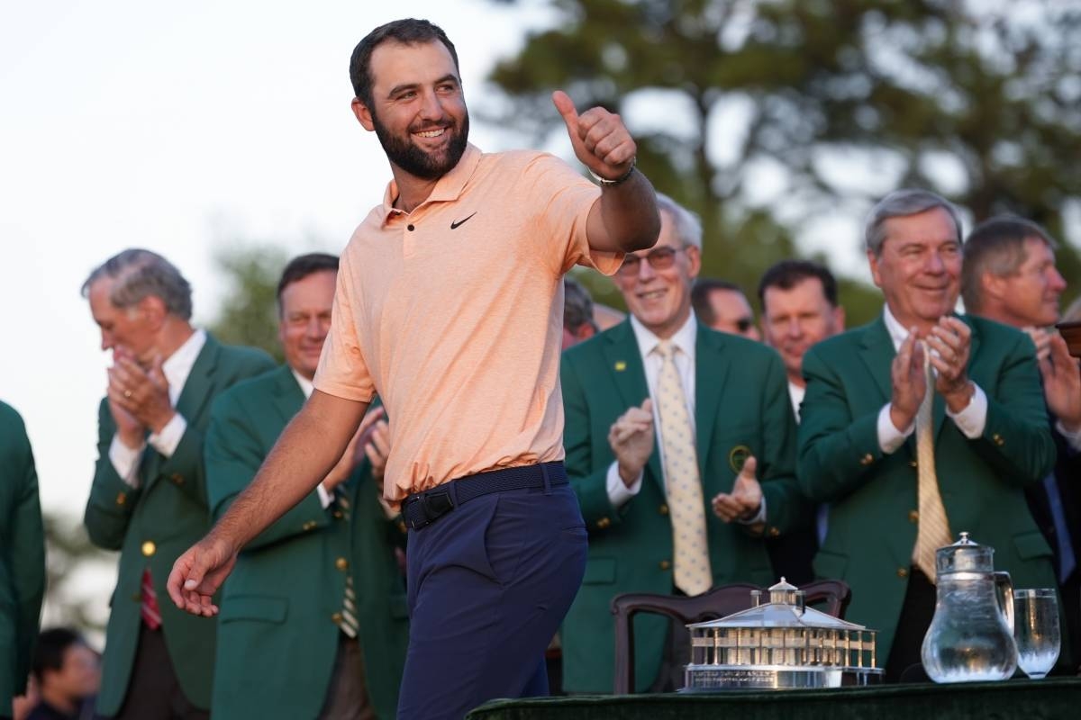 Scottie Scheffler arrives for the green jacket ceremony after winning the Masters golf tournament at Augusta National Golf Club Sunday, April 14, 2024. AP PHOTO
