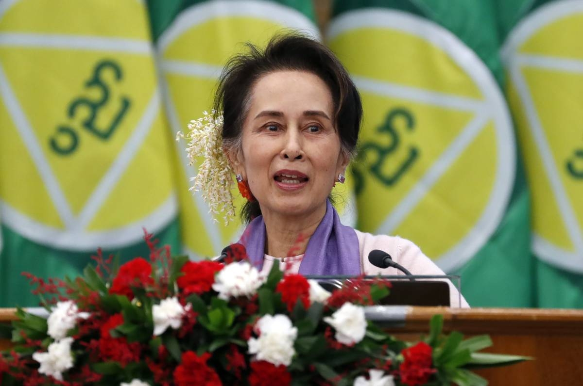 Myanmar's then leader Aung San Suu Kyi delivers a speech during a meeting on implementation of Myanmar Education Development in Naypyidaw, Myanmar, Jan. 28, 2020. Myanmar’s military says Suu Kyi has been moved from prison to house arrest as health measure due to a heat wave. AP PHOTO