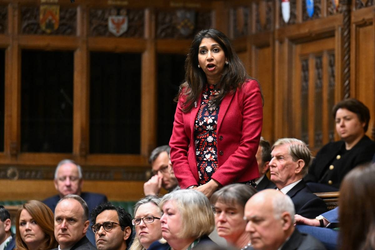 A handout photograph released by the UK Parliament shows Britain's Conservative MP Suella Braverman speaking during a statement of Britain's Prime Minister Rishi Sunak on Iran's missile attack on Israel, in the House of Commons, in London, on April 15, 2024. PHOTO BY JESSICA TAYLOR / UK PARLIAMENT / AFP