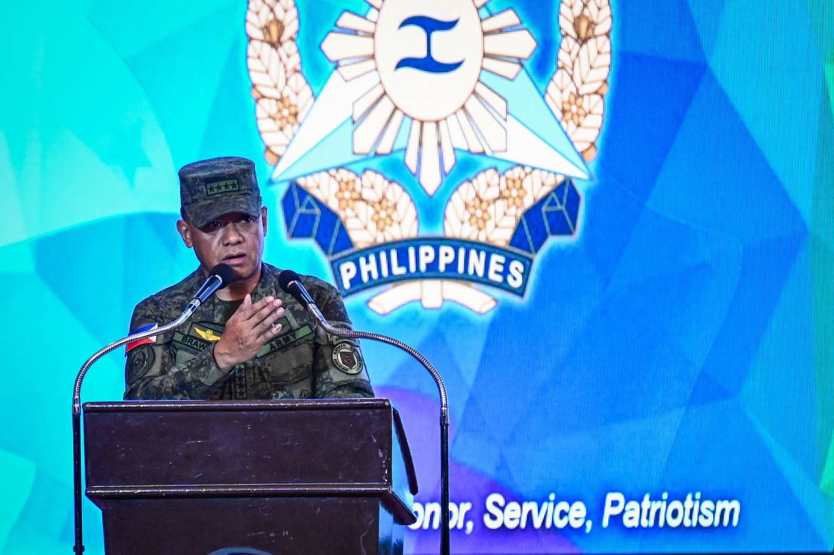 Philippines Armed Forces Chief of Staff General Romeo Brawner talks during the opening ceremony of the 'Balikatan' joint military exercise at Camp Aguinaldo in Quezon City, on April 22, 2024. PHOTO BY JAM STA ROSA / AFP