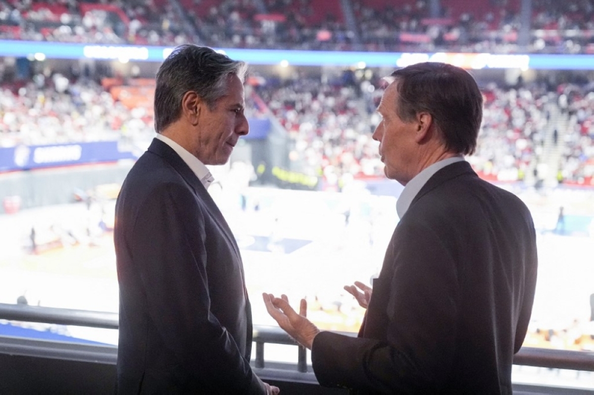 THEY GOT GAME United States Secretary of State Antony Blinken (left) listens to US Ambassador to China Nicholas Burns while they watch a basketball game at the Shanghai Indoor Stadium in the city of Shanghai, eastern China on Wednesday, April 24, 2024. AFP PHOTO