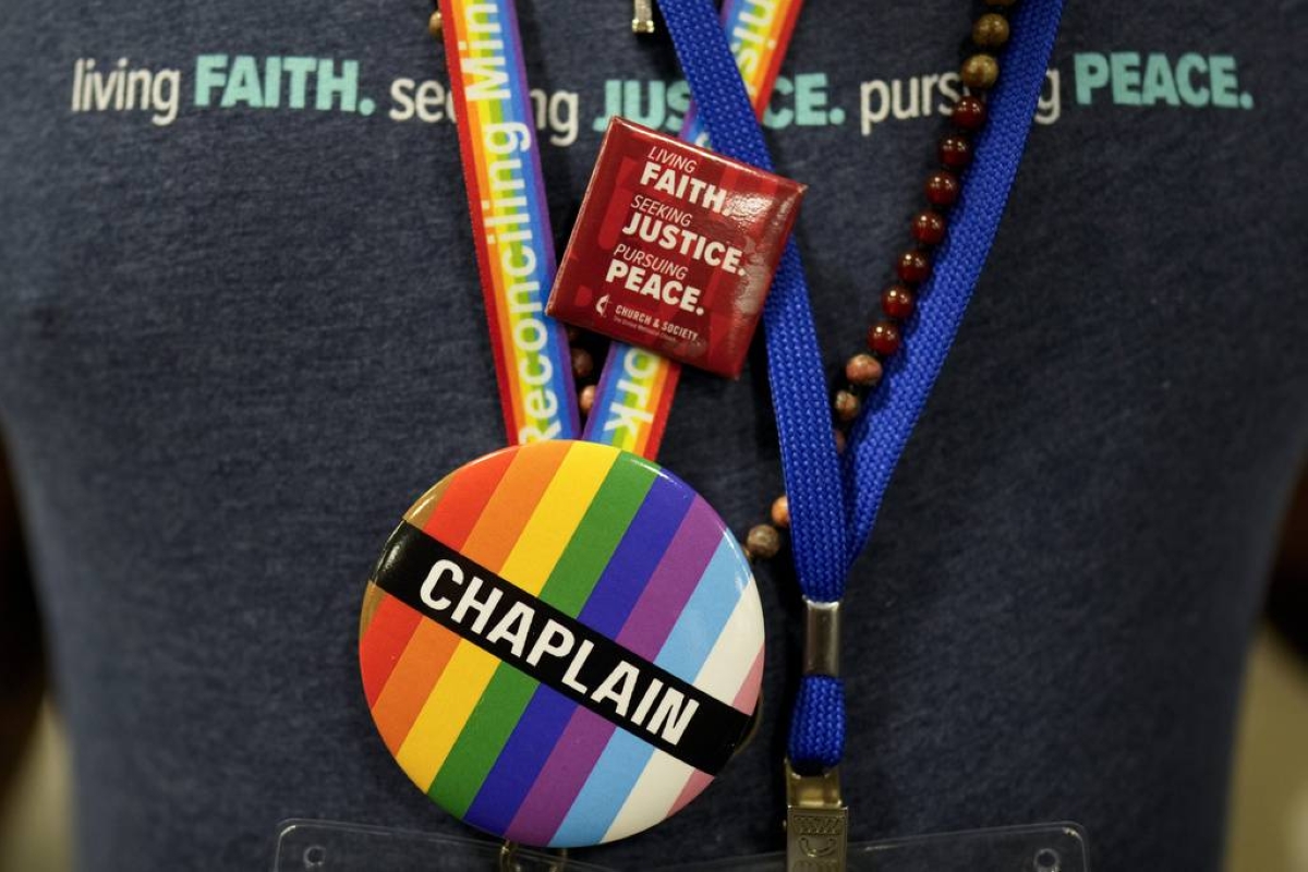 HOT-BUTTON ISSUE A convention goer wears a button supporting LGBTQ clergy at the United Methodist Church General Conference in Charlotte, North Carolina on Wednesday, May 1, 2024. AP PHOTO