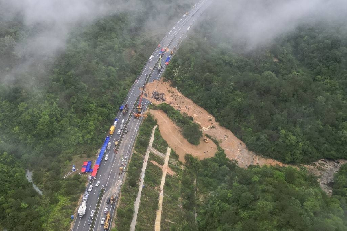 SORRY SIGHT An aerial view of a collapsed section of the S12 highway near Meizhou City, Guangdong province, southern China on Wednesday, May 1, 2024. AFP PHOTO