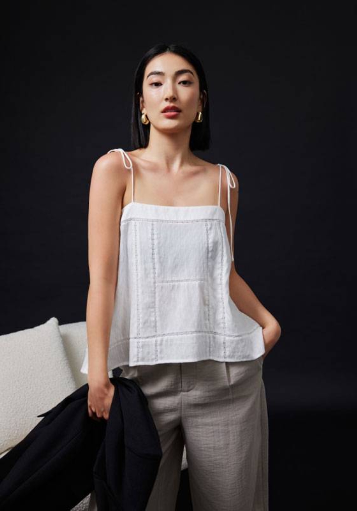 Statement meets comfort in cotton panelled camisole top and tailored straight leg pants.