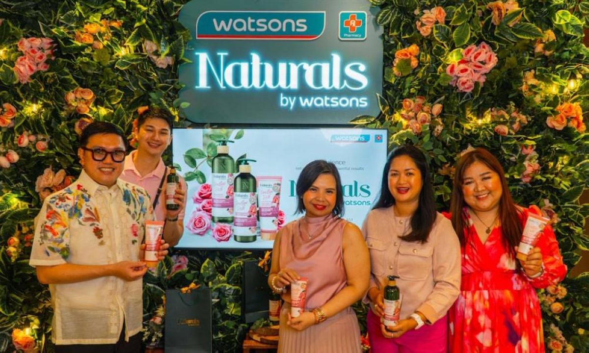 Watsons executives during the Naturals by Watsons Prestige Rose line launch (from left) Jared De Guzman, customer director; Patrick Yu, senior marketing manager of Watsons Global Own Brands and Exclusives (GOBE); Michel Mose, GOBE Group senior brand manager; Sharon Decapia, marketing, PR and Sustainability AVP; and Katrine Salvador, GOBE brand manager.