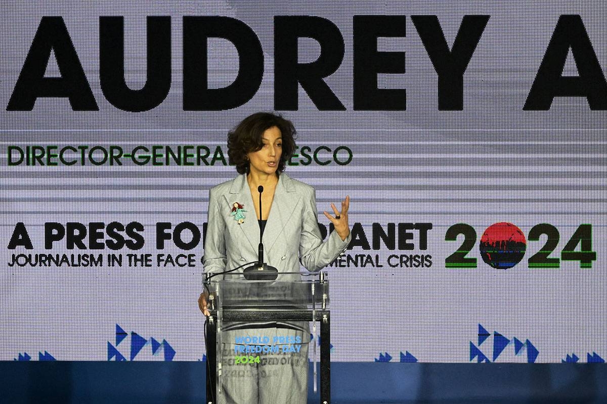 Director General of Unesco, Audrey Azoulay, speaks during the inauguration of the World Press Freedom Day Conference, in Santiago, on May 3, 2024. Seventy percent of environmental journalists from 129 countries, polled in March, reported experiencing attacks, threats or pressure related to their job, UNESCO said Thursday. Of those, two in five subsequently experienced physical violence, it said in a report released on World Press Freedom Day. RODRIGO ARANGUA / AFP