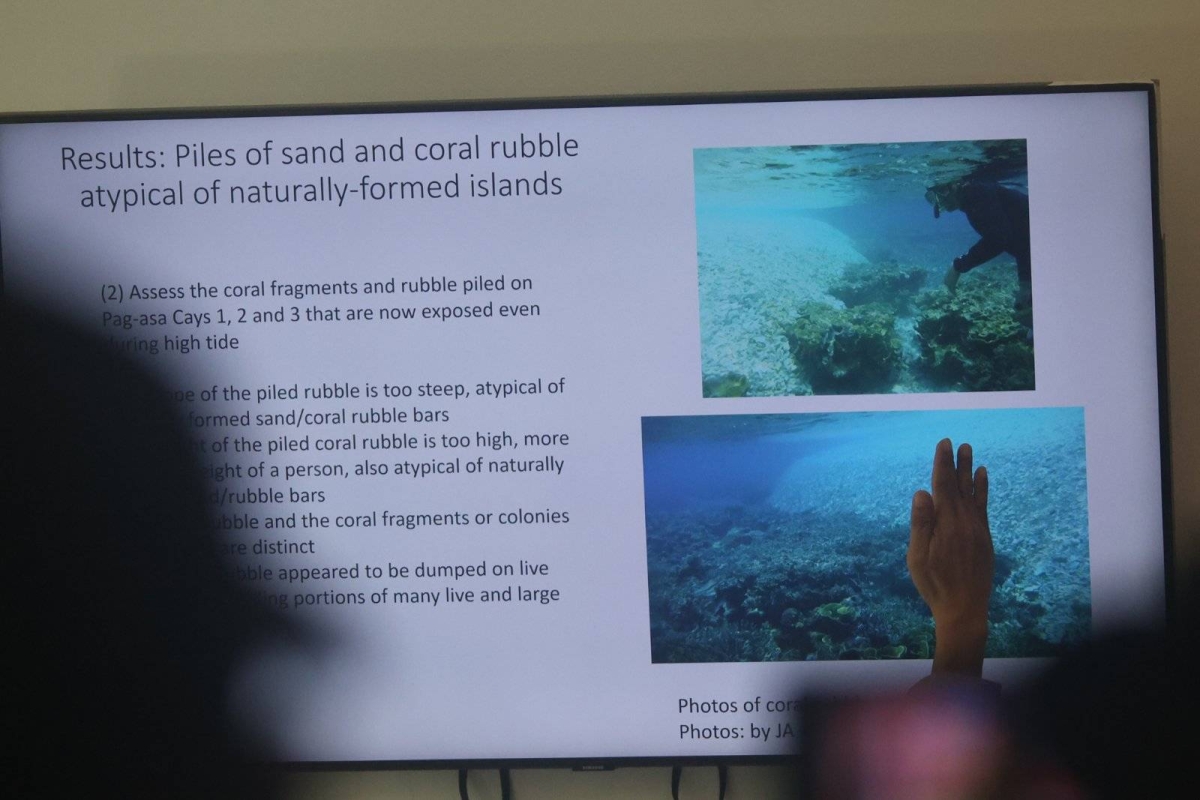 'DEGRADED ISLAND' Cmdre. Jay Tarriela, spokesman for the National Task Force-West Philippine Sea, presents the results of a Marine Resource1s Assessment conducted on Pag-asa Island in March. In a press conference on Saturday, May 4, 2024, Tarriela, along with Jay Batongbacal, a maritime law expert, and Dr. Jonathan Anticamara of the University of the Philippines Institute of Biology, said that the island near the WPS was in a 'degraded' state with low coral and fish diver