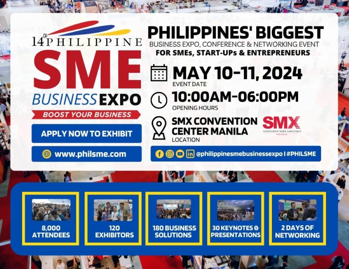 The biggest and most anticipated event of the year for entrepreneurs, business owners, startups and aspirants happens on May 10-11, 2024 at the SMX Convention Center Manila, SM Mall of Asia Complex, Pasay City. The PhilSME Business Expo is the largest business-to-business expo where exhibitors and attendees can generate leads, explore collaborations and business opportunities, forge partnerships and learn more about the latest business trends from industry experts. The Manila Times is a media partner of this exciting event. CONTRIBUTED image