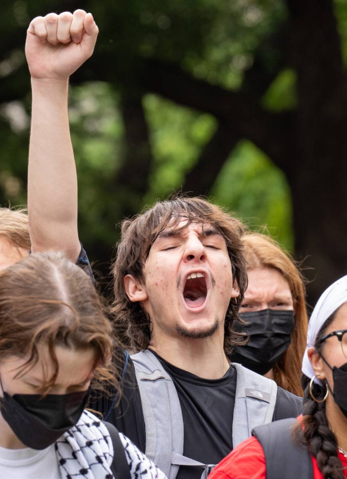 protestA protester raises a fist as pro-Palestinian students demonstrate against the Israel-Hamas war on the campus of the University of Texas in Austin, Texas, on April 24, 2024. Photo by SUZANNE CORDEIRO / AFP