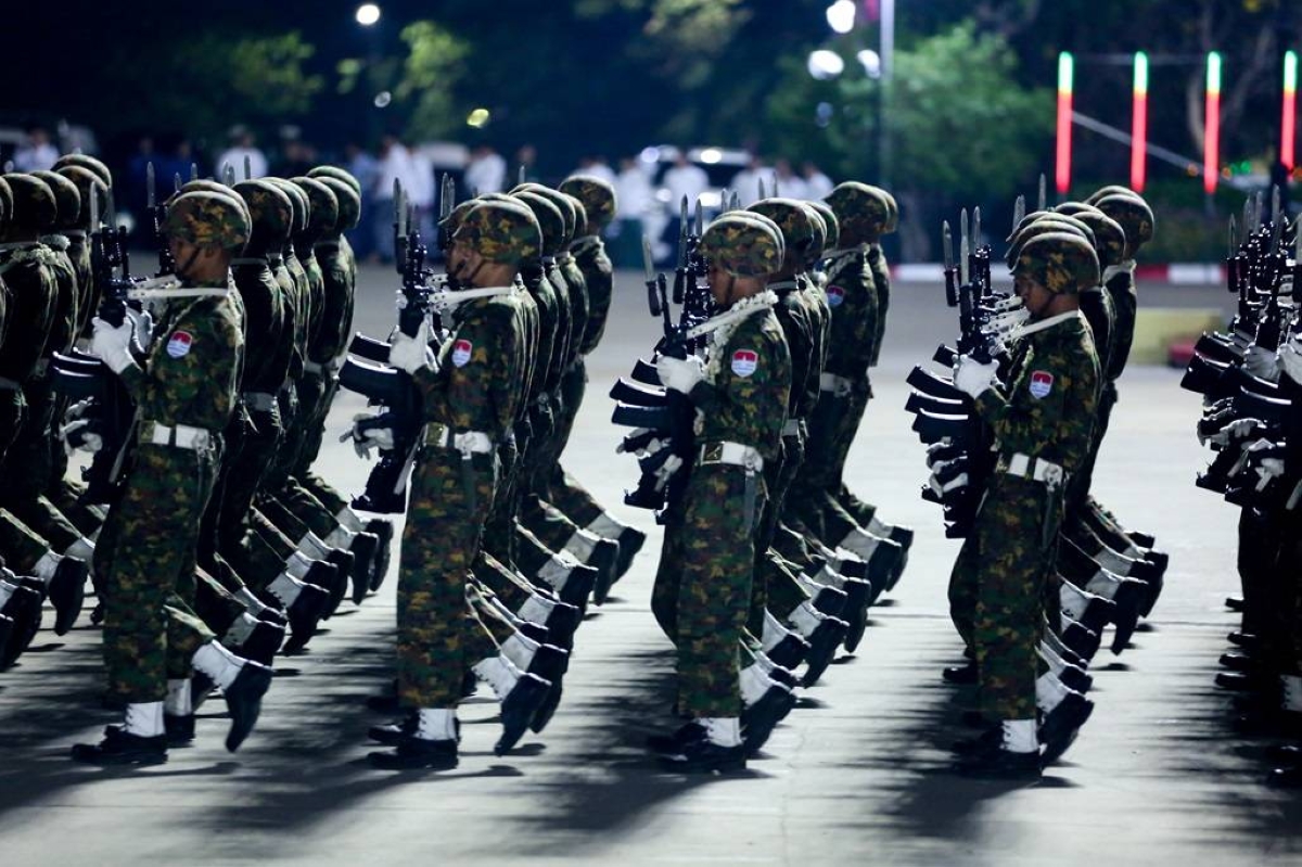 IN FORMATION Soldiers march during a military parade to mark Myanmar’s 79th Armed Forces Day in the capital Naypyitaw on March 27, 2024. XINHUA FILE PHOTO