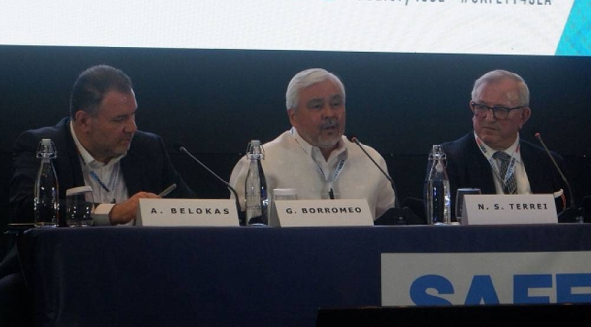 Panelists include (from left) Apo Belokas, managing editor of Safety4Sea; Gerardo Borromeo, vice chairman and chief executive officer of PTC Holdings Corp.; and Capt. Nicolo Terel of I.M.A Assessment and Training Center. PHOTO BY WILMAR ALMERIA